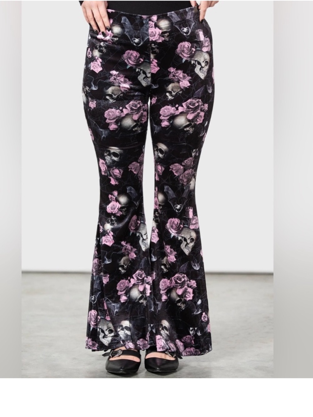 Killstar Black Velvet Moondance Skull & Pink Rose Flare Pants. Size XSmall.